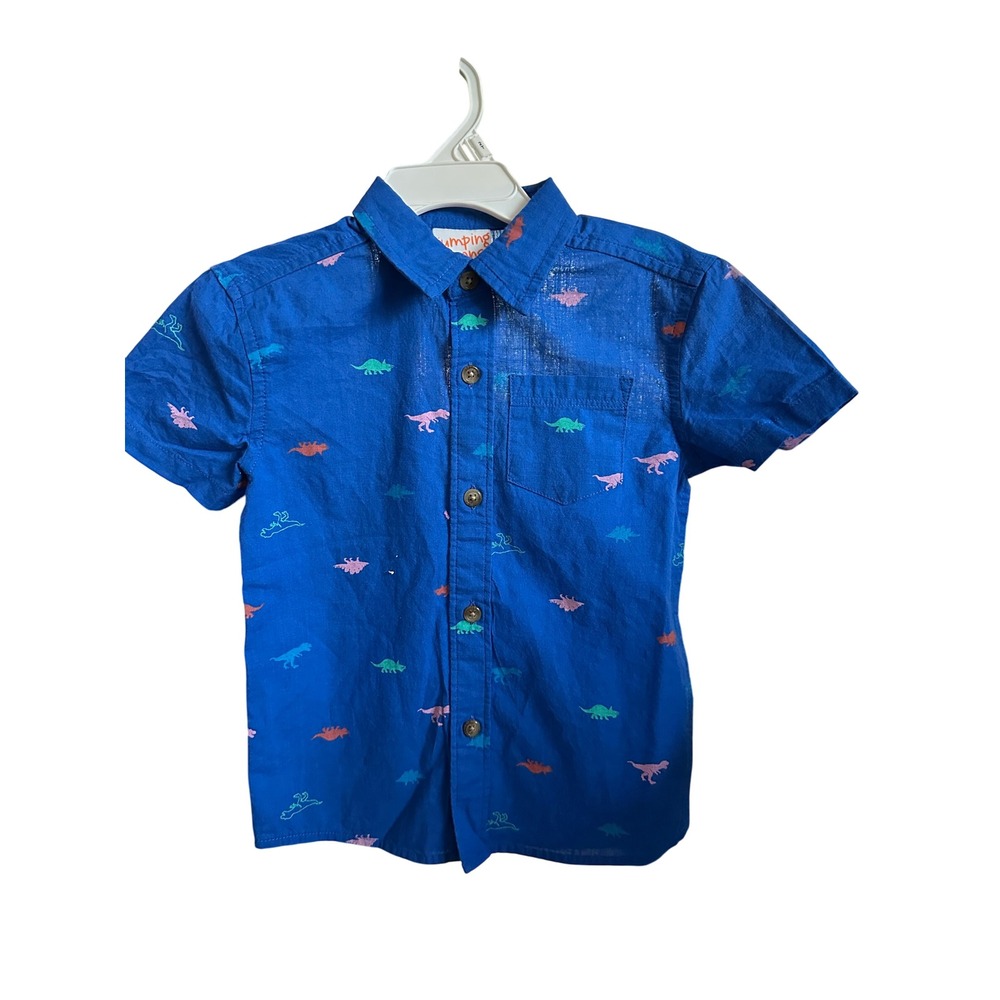 Jumping Beans 2T Button Up Shirt Dinosaur Print‎ Short Sleeve Blue Toddler NWT
